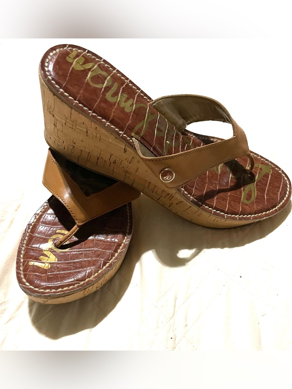 Sam Edelman Croc Embossed Signature Logo Thong Wedge Sandal Women 8.5